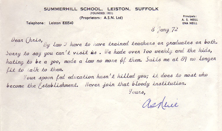 Letter from A.S. Neill, 8th January 1973 (sic)